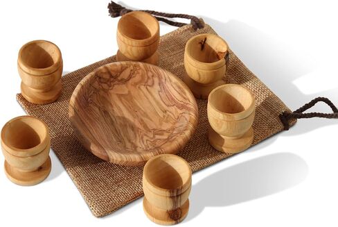 Olive Wood Mini Communion Cups with Bread Tray – Set of 6 wooden Hand-Carved Kiddush Cups in Gift Bag – Made in Bethlehem, Christian Church Worship Set with Certificate of Origin in Saudi Arabia