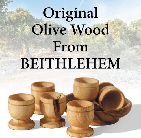 Olive Wood Mini Communion Cups with Bread Tray – Set of 6 wooden Hand-Carved Kiddush Cups in Gift Bag – Made in Bethlehem, Christian Church Worship Set with Certificate of Origin in Saudi Arabia