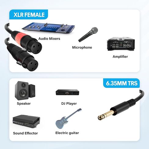 Elecan 6.35mm (1/4 Inch) TRS Male to Dual XLR Male Y Splitter Stereo Breakout Cable 4 Ft, Unbalanced 3-Pin Dual XLR to 1/4 Microphone Audio Patch Cord Adapter for Mic Guitar Mixer Speaker +5 Ties in Kuwait