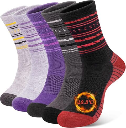 5 Pairs Womens Merino Wool Hiking Socks Winter Warm Crew Moisture Wicking Thick Cushioned Striped Boot Socks in Saudi Arabia