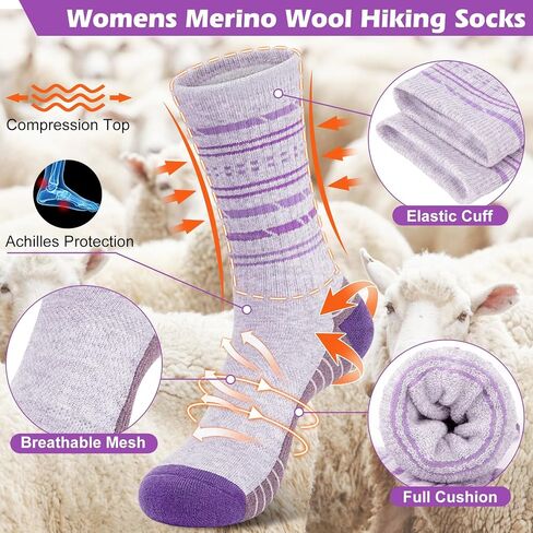 5 Pairs Womens Merino Wool Hiking Socks Winter Warm Crew Moisture Wicking Thick Cushioned Striped Boot Socks in Saudi Arabia