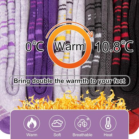 5 Pairs Womens Merino Wool Hiking Socks Winter Warm Crew Moisture Wicking Thick Cushioned Striped Boot Socks in Saudi Arabia