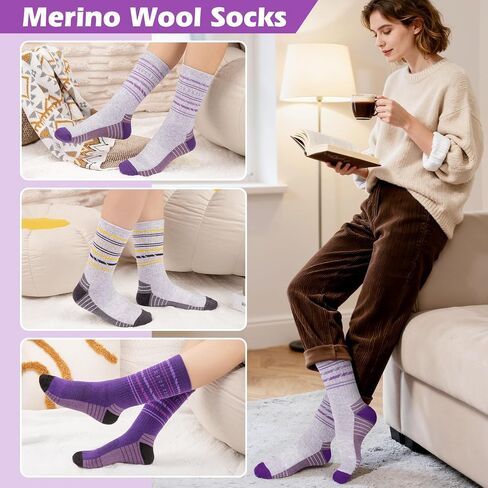5 Pairs Womens Merino Wool Hiking Socks Winter Warm Crew Moisture Wicking Thick Cushioned Striped Boot Socks in Saudi Arabia