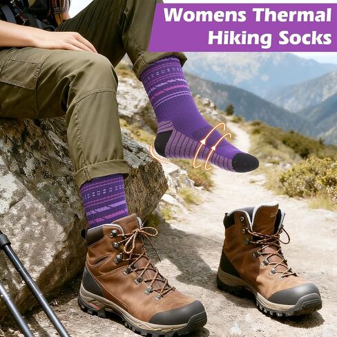 5 Pairs Womens Merino Wool Hiking Socks Winter Warm Crew Moisture Wicking Thick Cushioned Striped Boot Socks in Saudi Arabia