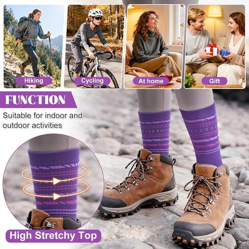 5 Pairs Womens Merino Wool Hiking Socks Winter Warm Crew Moisture Wicking Thick Cushioned Striped Boot Socks in Saudi Arabia