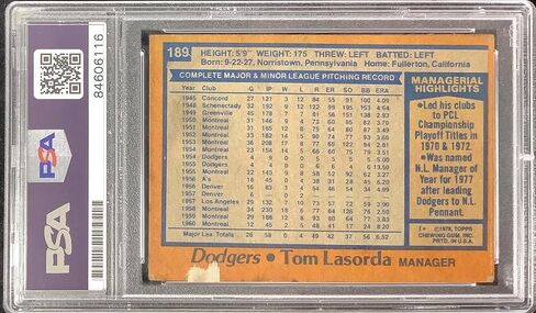 Tommy Lasorda Signed 1978 Topps #189 Baseball Card Dodgers HOF Autograph PSA/DNA - Baseball Slabbed Autographed Cards in Saudi Arabia