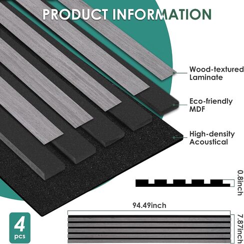 4-Piece Wood Slat Acoustic Panels for Stylish Interior Decor & Noise Reduction - 94.5" x 7.87" 3D Solid Wood Wall Panels for Ceiling and Wall, Covers 20.66 Sq Ft, Light Brown in Saudi Arabia