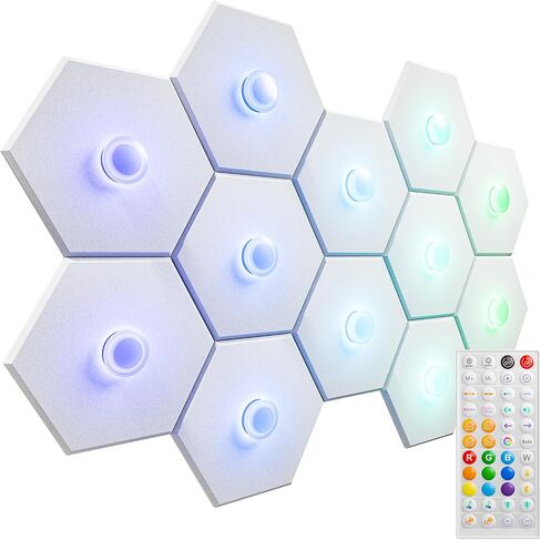 hychins 12 حزمة rgb ضوء الصوت دليل على لوحات الرغوة للجدران مع لوحات صوتية سداسية ذاتية اللصق لوضع إيقاع الموسيقى، لوحات الحائط الصوتية عالية الكثافة لغرفة النوم، غرفة الألعاب ديكور الهدايا السوداء in Saudi Arabia