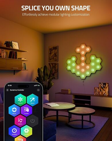 hychins 12 حزمة rgb ضوء الصوت دليل على لوحات الرغوة للجدران مع لوحات صوتية سداسية ذاتية اللصق لوضع إيقاع الموسيقى، لوحات الحائط الصوتية عالية الكثافة لغرفة النوم، غرفة الألعاب ديكور الهدايا السوداء in Saudi Arabia