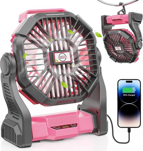 30000mAh Portable Battery Powered Camping Fan - with LED Light, Quiet Battery Operated, Camping Gear for Travel, Tent, Beach, Car or Hurricane Power Outages, Pink in Kuwait