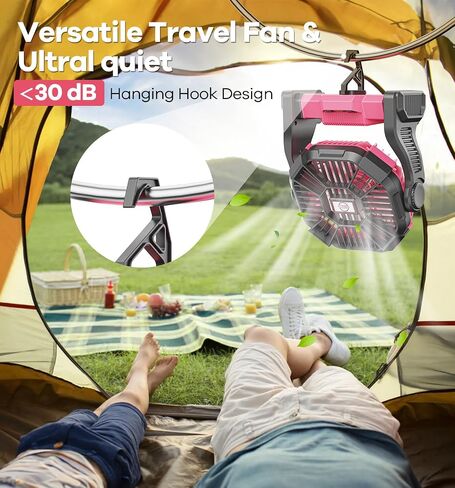 30000mAh Portable Battery Powered Camping Fan - with LED Light, Quiet Battery Operated, Camping Gear for Travel, Tent, Beach, Car or Hurricane Power Outages, Pink in Kuwait