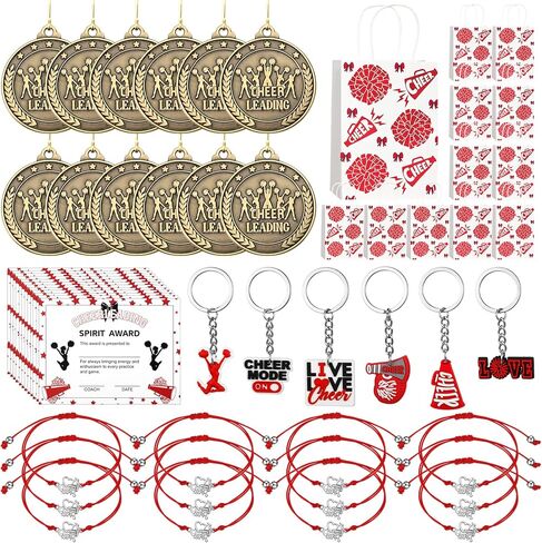 60 Pcs Cheer Gift Bulk for Team Cheerleading Gifts 12 Award Medals and Certificates Cheer Bracelets Keychain Gift Bag for Female Teammates Accessories(Red) in Saudi Arabia