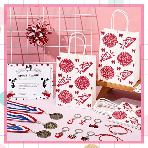 60 Pcs Cheer Gift Bulk for Team Cheerleading Gifts 12 Award Medals and Certificates Cheer Bracelets Keychain Gift Bag for Female Teammates Accessories(Red) in Saudi Arabia