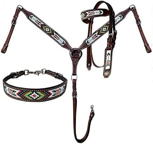 Showman Leather Headstall & Breast Collar Set w/Beaded Southwest Arrow Design, Average Full Size Horse in Saudi Arabia