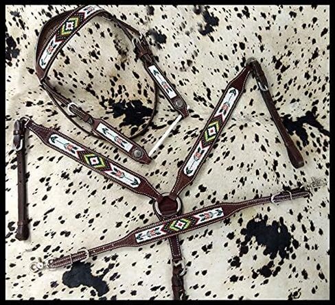 Showman Leather Headstall & Breast Collar Set w/Beaded Southwest Arrow Design, Average Full Size Horse in Saudi Arabia