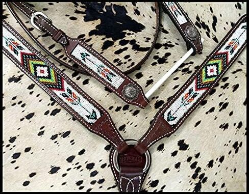 Showman Leather Headstall & Breast Collar Set w/Beaded Southwest Arrow Design, Average Full Size Horse in Saudi Arabia