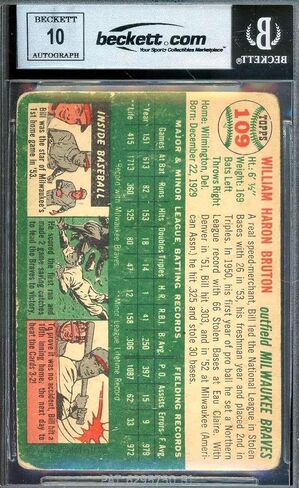 Bill Bruton Gem Mint 10 Beckett BAS Signed 1954 Topps Autograph - Baseball Slabbed Autographed Cards in Saudi Arabia
