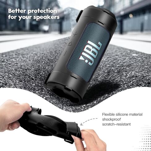 حافظة من السيليكون متوافقة مع مكبر الصوت المحمول JBL Flip 7، غطاء جلد ناعم مع حزام الكتف وحزام الدراجة (أسود) in Kuwait