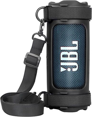حافظة من السيليكون متوافقة مع مكبر الصوت المحمول JBL Flip 7، غطاء جلد ناعم مع حزام الكتف وحزام الدراجة (أسود) in Kuwait