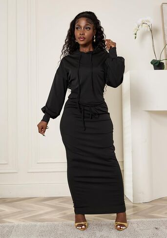 LETSVDO Womens 2 Piece Sweatshirt Solid Long Sleeves Hoodie Bodycon Maxi Dress in Saudi Arabia