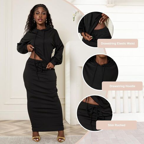 LETSVDO Womens 2 Piece Sweatshirt Solid Long Sleeves Hoodie Bodycon Maxi Dress in Saudi Arabia