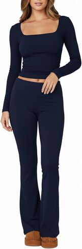 Women's 2 Piece Workout Sets Square Neck Long Sleeve Crop Tops Fold over Flare Leggings Casual Gym Pilates Yoga Set in Saudi Arabia