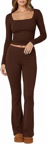 Women's 2 Piece Workout Sets Square Neck Long Sleeve Crop Tops Fold over Flare Leggings Casual Gym Pilates Yoga Set in Saudi Arabia
