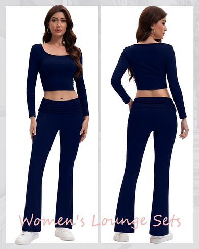 Women's 2 Piece Workout Sets Square Neck Long Sleeve Crop Tops Fold over Flare Leggings Casual Gym Pilates Yoga Set in Saudi Arabia