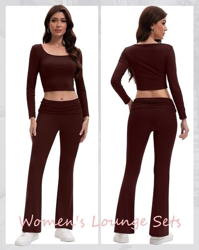 Women's 2 Piece Workout Sets Square Neck Long Sleeve Crop Tops Fold over Flare Leggings Casual Gym Pilates Yoga Set in Saudi Arabia