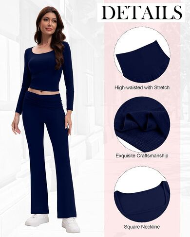 Women's 2 Piece Workout Sets Square Neck Long Sleeve Crop Tops Fold over Flare Leggings Casual Gym Pilates Yoga Set in Saudi Arabia