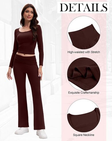 Women's 2 Piece Workout Sets Square Neck Long Sleeve Crop Tops Fold over Flare Leggings Casual Gym Pilates Yoga Set in Saudi Arabia