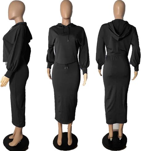 LETSVDO Womens 2 Piece Sweatshirt Solid Long Sleeves Hoodie Bodycon Maxi Dress in Saudi Arabia
