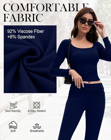 Women's 2 Piece Workout Sets Square Neck Long Sleeve Crop Tops Fold over Flare Leggings Casual Gym Pilates Yoga Set in Saudi Arabia