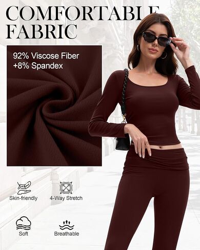 Women's 2 Piece Workout Sets Square Neck Long Sleeve Crop Tops Fold over Flare Leggings Casual Gym Pilates Yoga Set in Saudi Arabia
