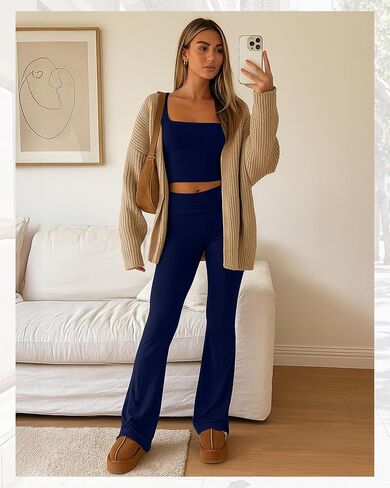 Women's 2 Piece Workout Sets Square Neck Long Sleeve Crop Tops Fold over Flare Leggings Casual Gym Pilates Yoga Set in Saudi Arabia