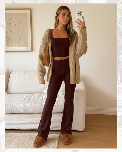Women's 2 Piece Workout Sets Square Neck Long Sleeve Crop Tops Fold over Flare Leggings Casual Gym Pilates Yoga Set in Saudi Arabia