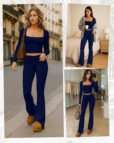 Women's 2 Piece Workout Sets Square Neck Long Sleeve Crop Tops Fold over Flare Leggings Casual Gym Pilates Yoga Set in Saudi Arabia