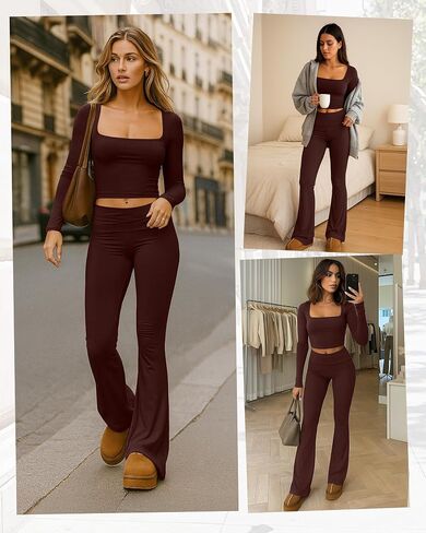 Women's 2 Piece Workout Sets Square Neck Long Sleeve Crop Tops Fold over Flare Leggings Casual Gym Pilates Yoga Set in Saudi Arabia