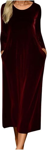 Women's Elegant Vintage Velvet Midi Dress Casual Crewneck Long Sleeve Pleated Flowy Wedding Guest Evening Party Dresses in Saudi Arabia