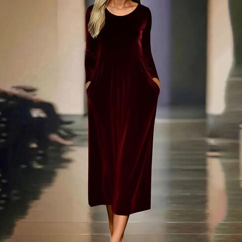 Women's Elegant Vintage Velvet Midi Dress Casual Crewneck Long Sleeve Pleated Flowy Wedding Guest Evening Party Dresses in Saudi Arabia