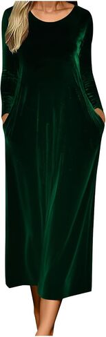 Women's Elegant Vintage Velvet Midi Dress Casual Crewneck Long Sleeve Pleated Flowy Wedding Guest Evening Party Dresses in Saudi Arabia