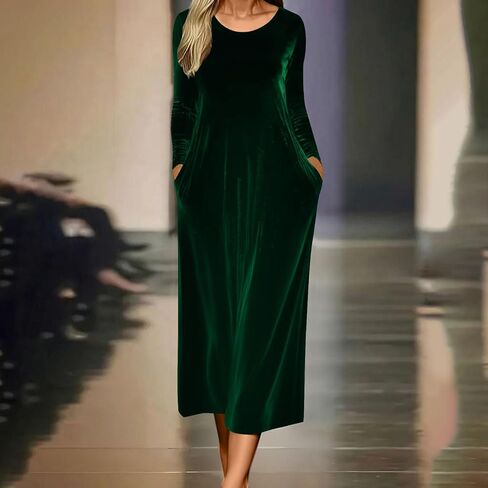Women's Elegant Vintage Velvet Midi Dress Casual Crewneck Long Sleeve Pleated Flowy Wedding Guest Evening Party Dresses in Saudi Arabia