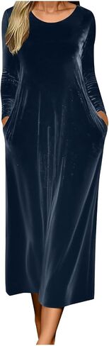 Women's Elegant Vintage Velvet Midi Dress Casual Crewneck Long Sleeve Pleated Flowy Wedding Guest Evening Party Dresses in Saudi Arabia
