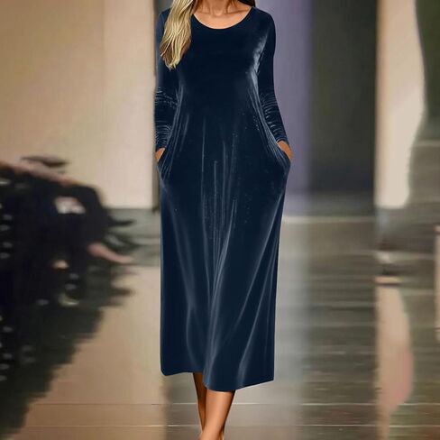 Women's Elegant Vintage Velvet Midi Dress Casual Crewneck Long Sleeve Pleated Flowy Wedding Guest Evening Party Dresses in Saudi Arabia