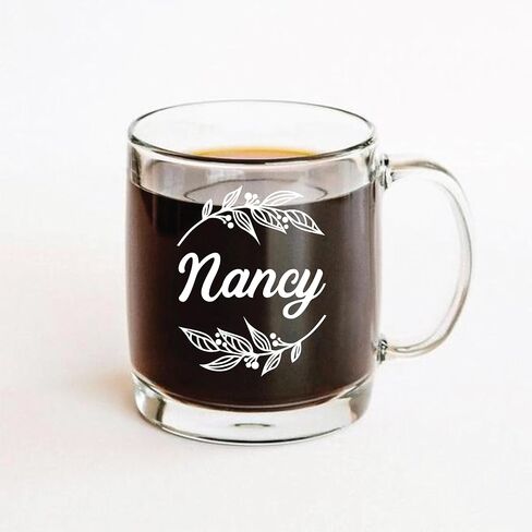 Custom Etched Engraved 12oz Glass Coffee Mug with Handle, Personalized Glass Coffee Mug with Text or Message, Bridesmaid, Wedding or Engagement Gift, Monogram Coffee Cup, Laser Engraved in Saudi Arabia