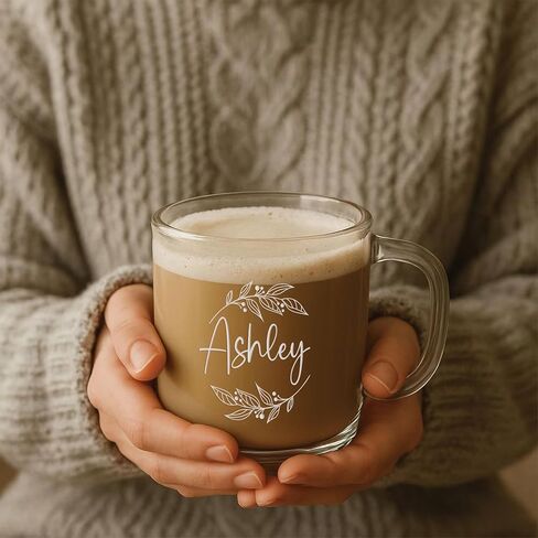 Custom Etched Engraved 12oz Glass Coffee Mug with Handle, Personalized Glass Coffee Mug with Text or Message, Bridesmaid, Wedding or Engagement Gift, Monogram Coffee Cup, Laser Engraved in Saudi Arabia