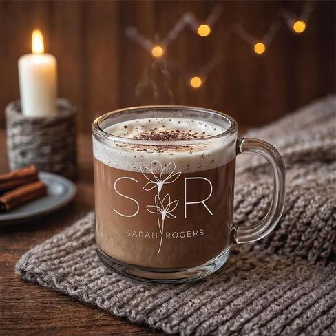 Custom Etched Engraved 12oz Glass Coffee Mug with Handle, Personalized Glass Coffee Mug with Text or Message, Bridesmaid, Wedding or Engagement Gift, Monogram Coffee Cup, Laser Engraved in Saudi Arabia