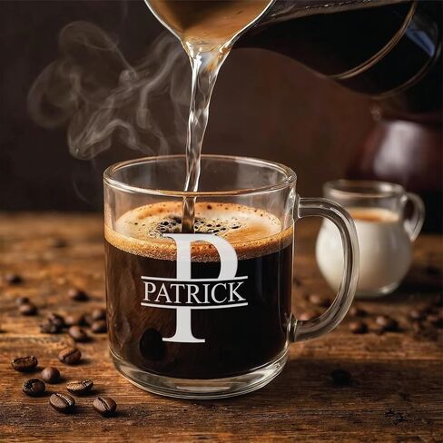 Custom Etched Engraved 12oz Glass Coffee Mug with Handle, Personalized Glass Coffee Mug with Text or Message, Bridesmaid, Wedding or Engagement Gift, Monogram Coffee Cup, Laser Engraved in Saudi Arabia