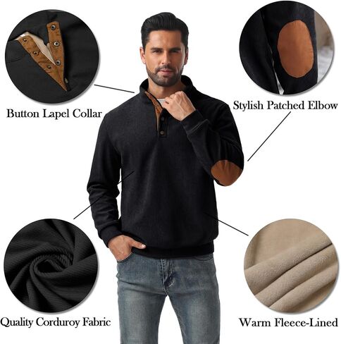 Askdeer Mens Sweatshirts Heavyweight Fleece Corduroy Casual Stand Collar Sweatshirt Mock Neck 1/4 Button Pullover Sweaters in Saudi Arabia
