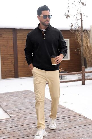 Askdeer Mens Sweatshirts Heavyweight Fleece Corduroy Casual Stand Collar Sweatshirt Mock Neck 1/4 Button Pullover Sweaters in Saudi Arabia
